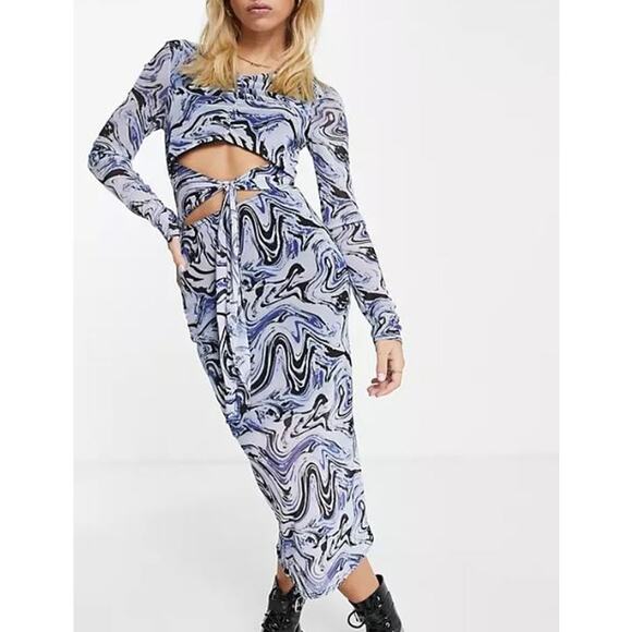 ASOS DESIGN Long Sleeve Mesh Midi Dress with Tie Waist Detail Blue Swirl Print - Picture 2 of 12